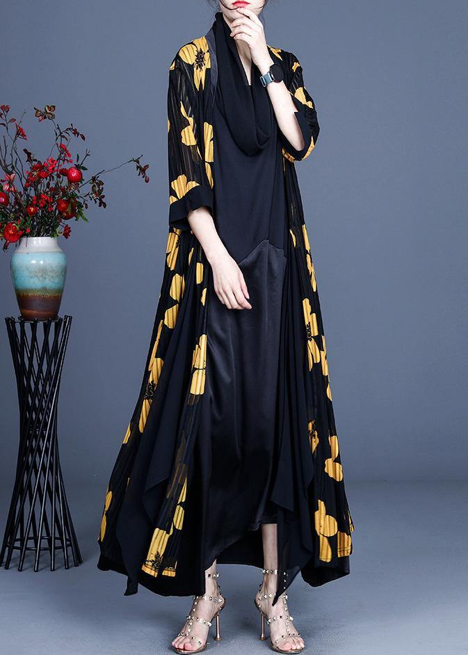 DIY Yellow Floral Summer Three Quarter sleeve Silk Long Loose Jacket - SooLinen