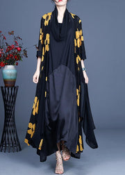 DIY Yellow Floral Summer Three Quarter sleeve Silk Long Loose Jacket - SooLinen