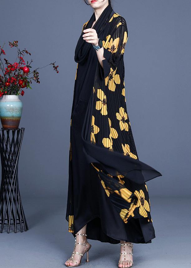 DIY Yellow Floral Summer Three Quarter sleeve Silk Long Loose Jacket - SooLinen