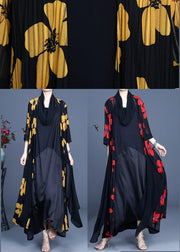 DIY Yellow Floral Summer Three Quarter sleeve Silk Long Loose Jacket - SooLinen