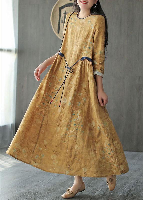 DIY Yellow O-Neck Print Tie Waist Long Sleeve Fall Dress - SooLinen