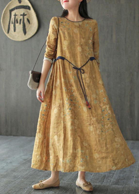 DIY Yellow O-Neck Print Tie Waist Long Sleeve Fall Dress - SooLinen