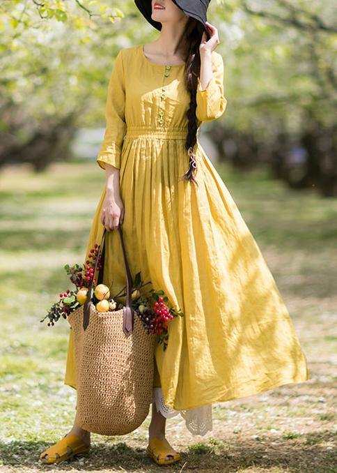 DIY Yellow Outfit O Neck Half Sleeve Loose Spring Dresses - SooLinen