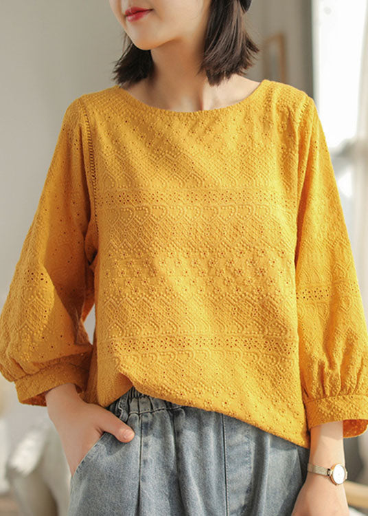 DIY Yellow fashion Hollow Out Embroideried Fall Long sleeve Tops