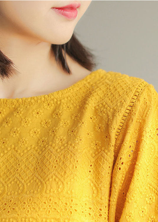 DIY Yellow fashion Hollow Out Embroideried Fall Long sleeve Tops