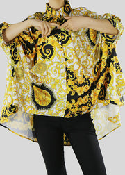 DIY Yellow low high design Peter Pan Collar print shirt Batwing Sleeve