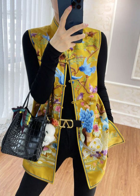 DIY Yellow retro Print side open Button Fall Sleeveless Vest