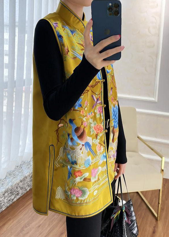 DIY Yellow retro Print side open Button Fall Sleeveless Vest