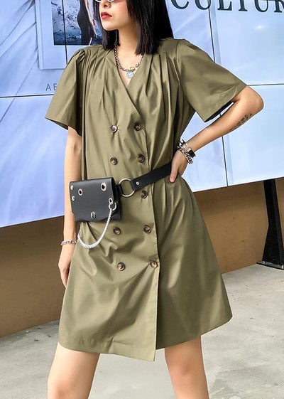 DIY army green Wardrobes v neck Double row buttons Dress - SooLinen