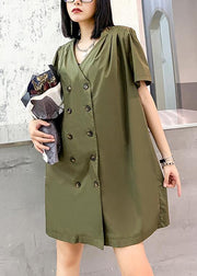 DIY army green Wardrobes v neck Double row buttons Dress - SooLinen