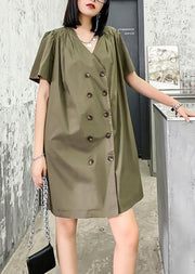 DIY army green Wardrobes v neck Double row buttons Dress - SooLinen