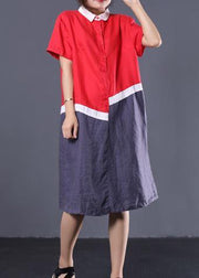 DIY asymmetric patchwork linen tunic dress Wardrobes red Robe Dresses POLO collar - SooLinen