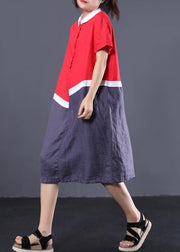 DIY asymmetric patchwork linen tunic dress Wardrobes red Robe Dresses POLO collar - SooLinen