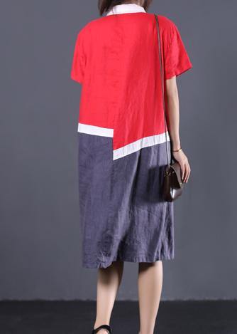 DIY asymmetric patchwork linen tunic dress Wardrobes red Robe Dresses POLO collar - SooLinen