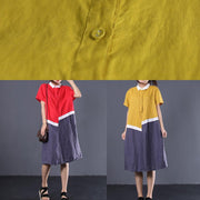 DIY asymmetric patchwork linen tunic dress Wardrobes red Robe Dresses POLO collar - SooLinen