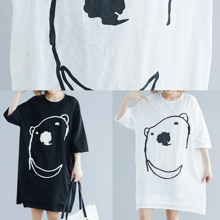 DIY black Cartoon print Cotton Tunics o neck Art summer Dress - SooLinen