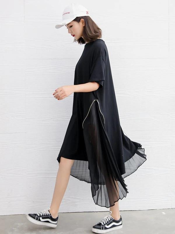 DIY black Cotton clothes For Women o neck patchwork Art Dress - SooLinen