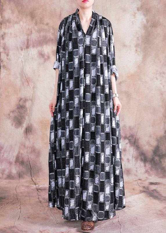 DIY black patchwork white linen Wardrobes v neck asymmetric long fall Dress - SooLinen