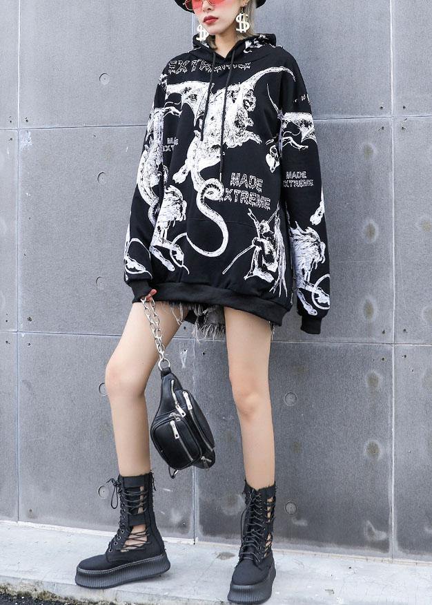 DIY black prints cotton clothes hooded loose fall T shirts - SooLinen