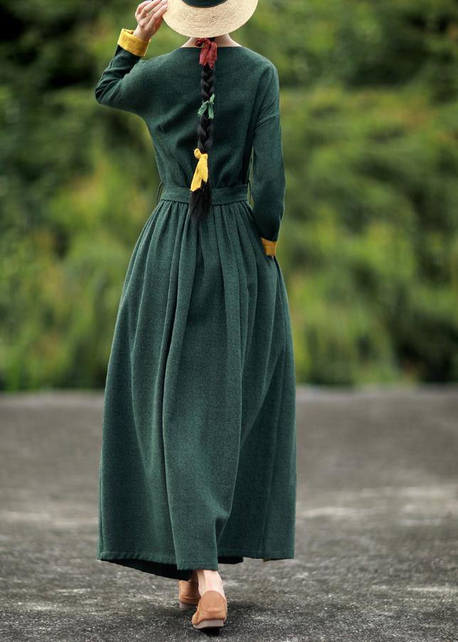 DIY blackish green quilting dresses v neck tie waist loose spring Dresses - SooLinen