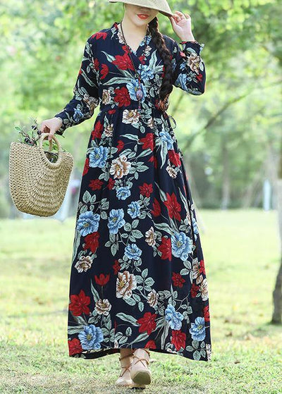 DIY blue cotton tunics for women Casual Shape prints cotton robes summer Dress - SooLinen