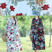 DIY blue cotton tunics for women Casual Shape prints cotton robes summer Dress - SooLinen