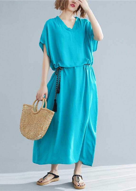 DIY blue green linen clothes For Women v neck pockets Maxi summer Dresses - SooLinen