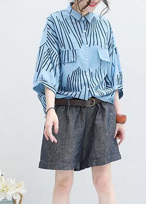 DIY blue half sleeve cotton Blouse asymmetric striped silhouette summer tops - SooLinen