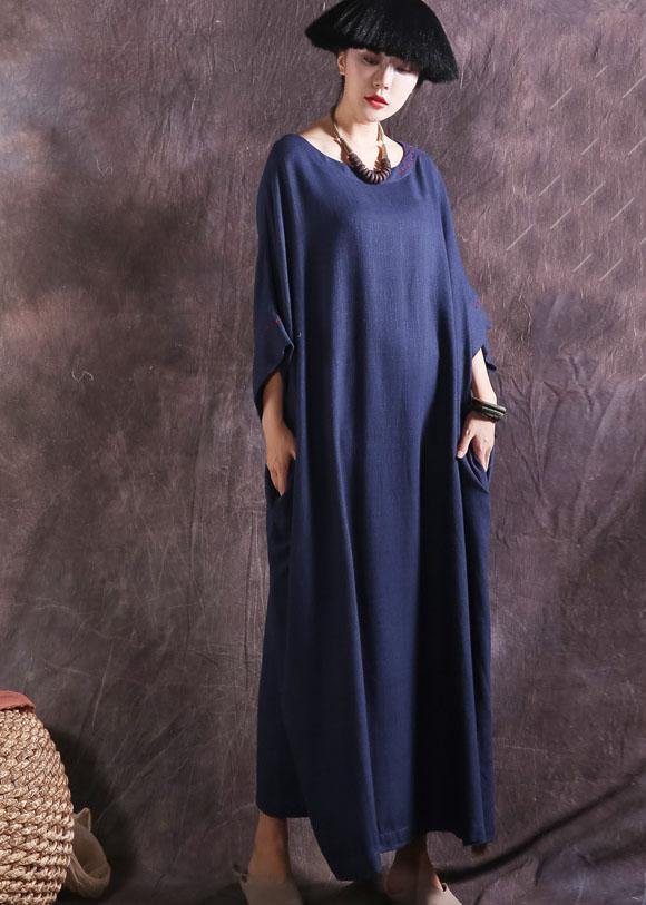 DIY blue loose waist linen cotton clothes For Women Batwing Sleeve long summer Dresses - SooLinen