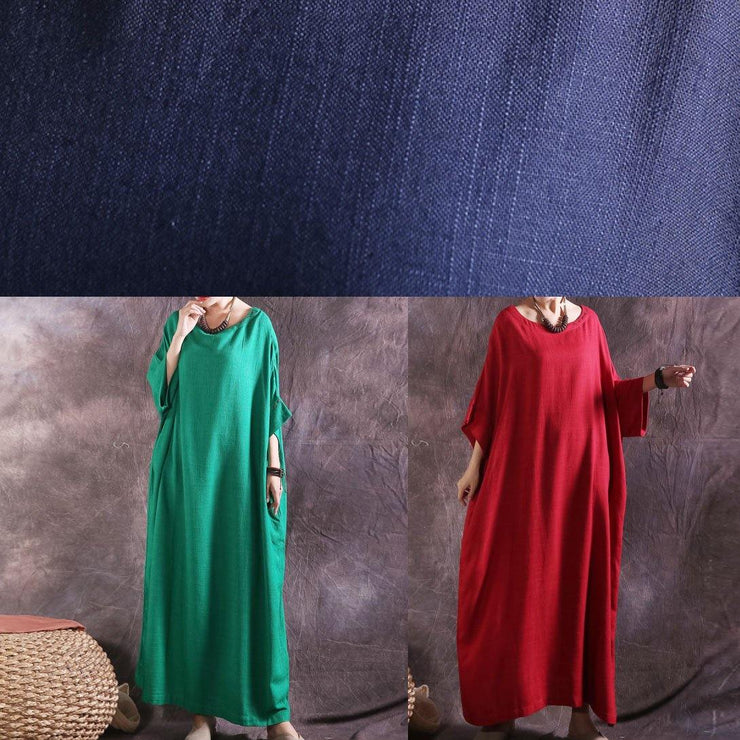 DIY blue loose waist linen cotton clothes For Women Batwing Sleeve long summer Dresses - SooLinen