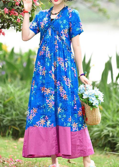 DIY blue print cotton tunic pattern v neck patchwork cotton robes summer Dresses - SooLinen