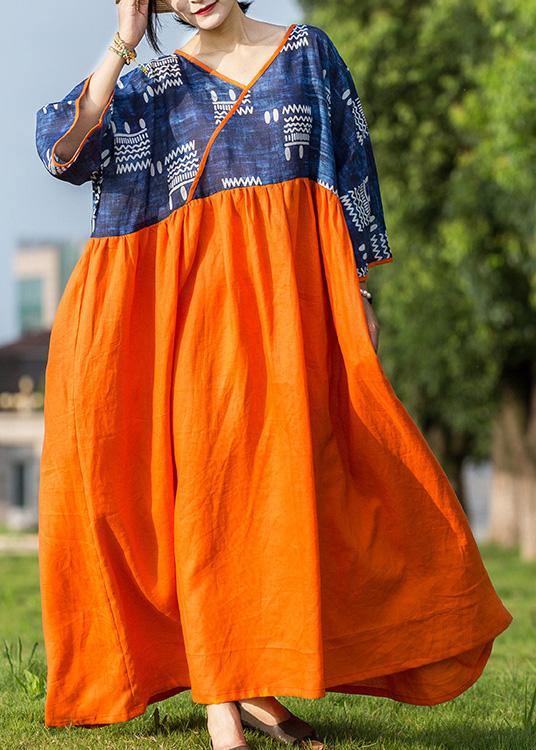 DIY blue print patchwork orange linen Robes v neck cotton summer Dresses - SooLinen