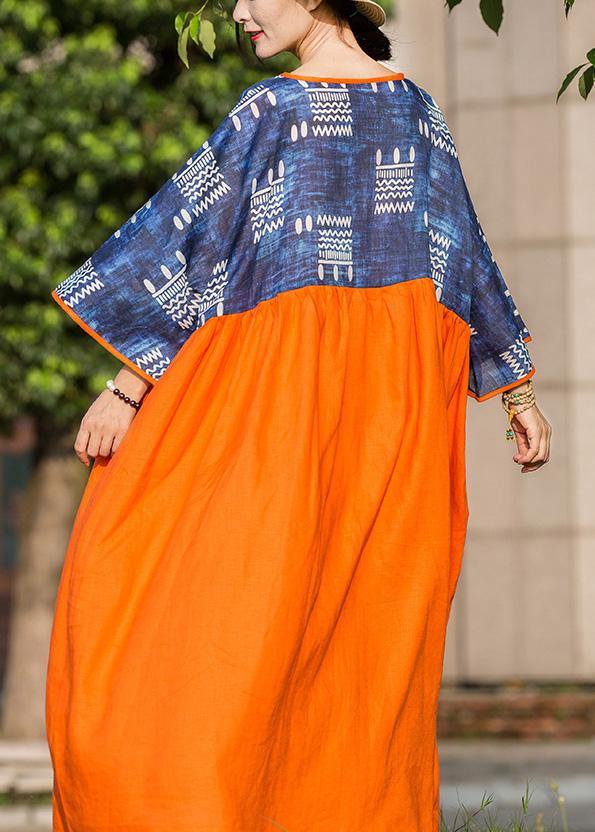 DIY blue print patchwork orange linen Robes v neck cotton summer Dresses - SooLinen