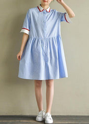 DIY blue striped Cotton clothes lapel half sleeve baggy summer Dress - SooLinen