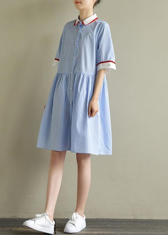 DIY blue striped Cotton clothes lapel half sleeve baggy summer Dress - SooLinen