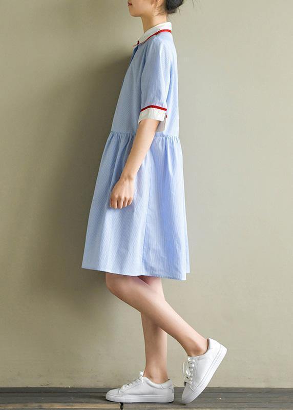 DIY blue striped Cotton clothes lapel half sleeve baggy summer Dress - SooLinen