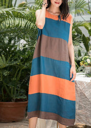 DIY blue striped linen clothes For Women o neck Sleeveless Art summer Dresses - SooLinen