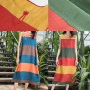 DIY blue striped linen clothes For Women o neck Sleeveless Art summer Dresses - SooLinen