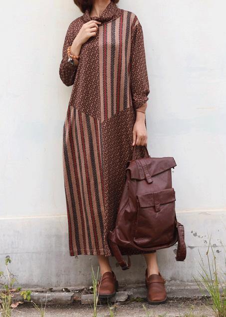 DIY brown cotton clothes high neck Traveling patchwork Dress - SooLinen