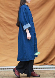 DIY denim blue tunic stand collar pockets Maxi Dress - SooLinen