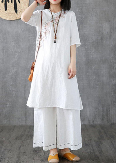 DIY embroidery Chinese Button linen cotton outfit Sleeve white Dresses - SooLinen