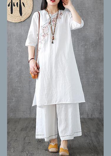 DIY embroidery Chinese Button linen cotton outfit Sleeve white Dresses - SooLinen