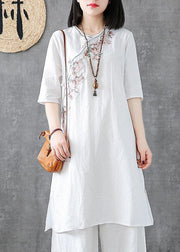 DIY embroidery Chinese Button linen cotton outfit Sleeve white Dresses - SooLinen