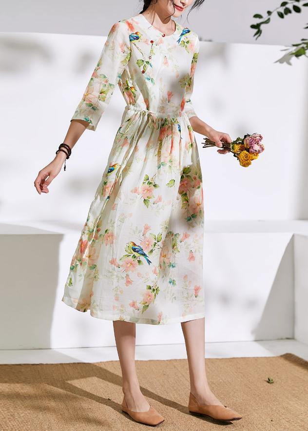 DIY floral linen clothes For Women o neck drawstring cotton Dress - SooLinen