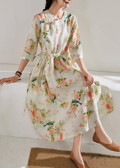 DIY floral linen clothes For Women o neck drawstring cotton Dress - SooLinen