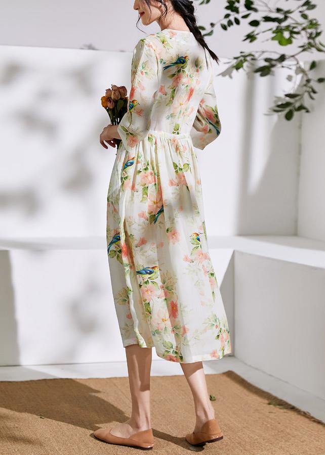 DIY floral linen clothes For Women o neck drawstring cotton Dress - SooLinen