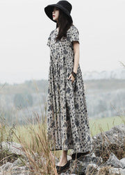 DIY gray prints linen clothes For Women o neck Maxi summer Dress - SooLinen