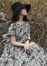 DIY gray prints linen clothes For Women o neck Maxi summer Dress - SooLinen