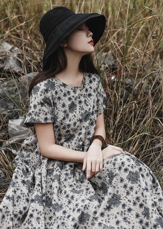 DIY gray prints linen clothes For Women o neck Maxi summer Dress - SooLinen