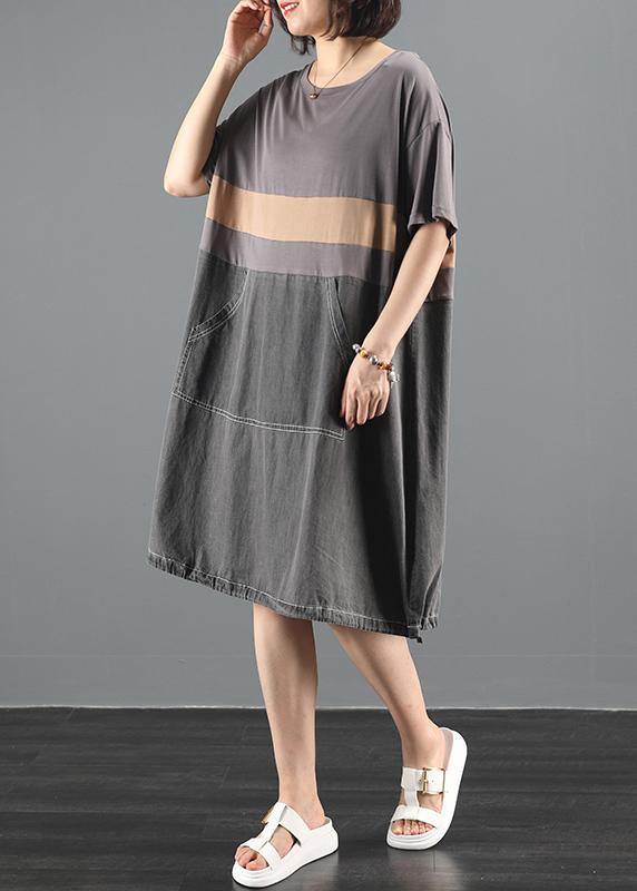 DIY gray tunic pattern o neck patchwork daily summer Dress - SooLinen